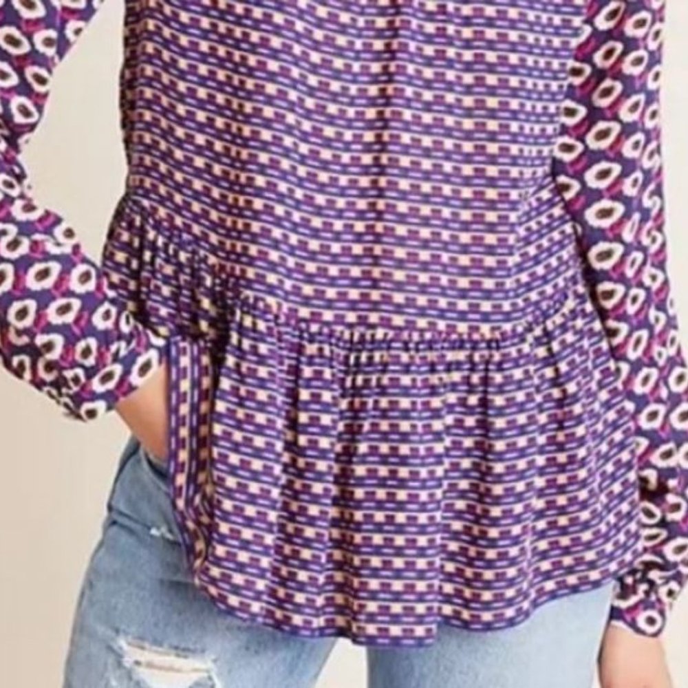 Anthropologie Maeve Floral Long Sleeve Peplum Blouse Size Large